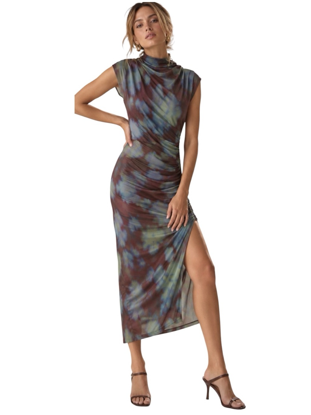 Anthropologie Maya Mesh Ruched Cowl Neck Midi Dress XS Abstract Moody Floral